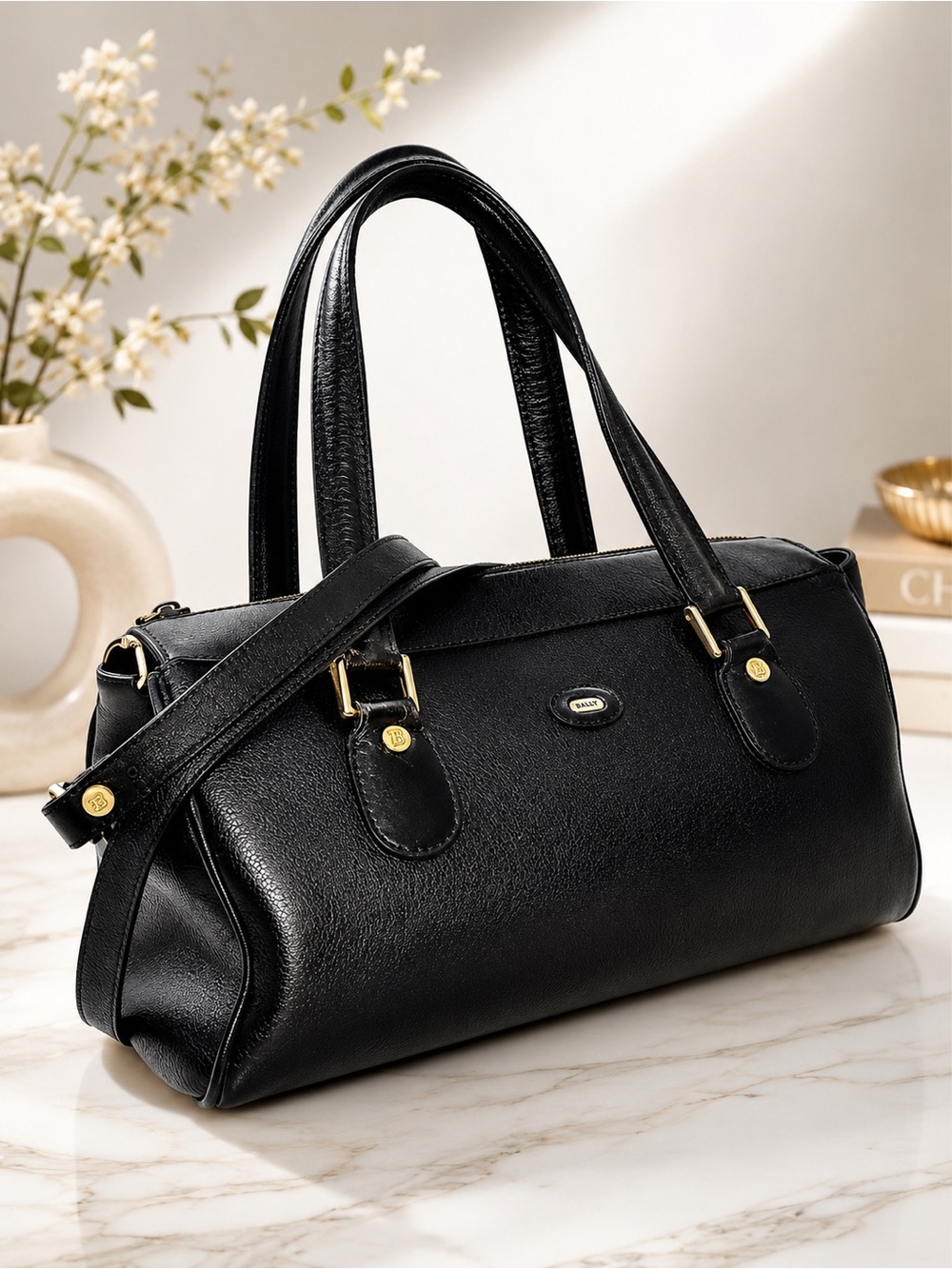 Vintage BALLY Black Leather 2-Way Satchel Crossbody East West Bag Italian Made